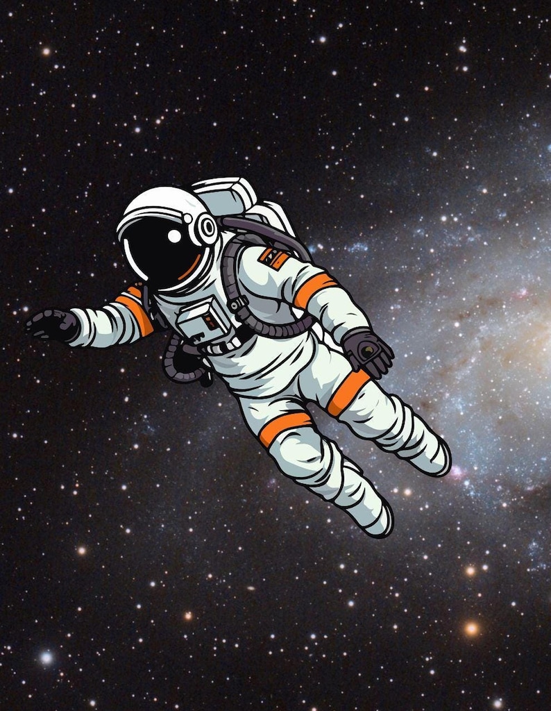 A realistic photo of an astronaut in a white and orange spacesuit floating in outer space against a starry galaxy background.