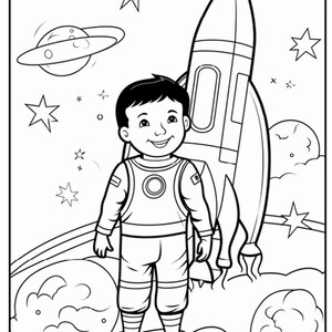 A black and white coloring page of a smiling young boy in a space suit standing in front of a rocket ship with planets and stars in the background.