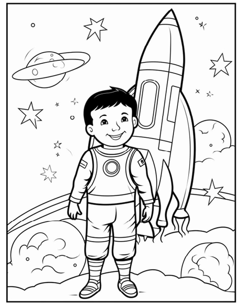 A black and white coloring page of a smiling young boy in a space suit standing in front of a rocket ship with planets and stars in the background.