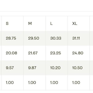 A sizing chart table in imperial measurements with rows for length, width, sleeve length, and size tolerance across sizes S through 3XL.