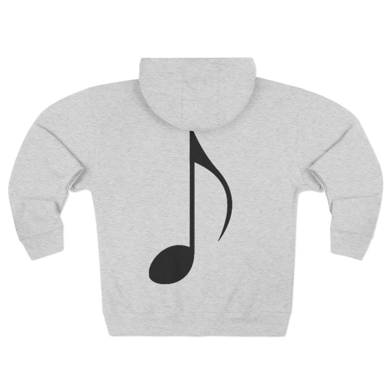 The back of a grey zip-up hoodie featuring a black musical note graphic.