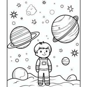A black and white coloring page of a young boy in a spacesuit standing on a planetary surface surrounded by large ringed planets, smaller planets, and stars.