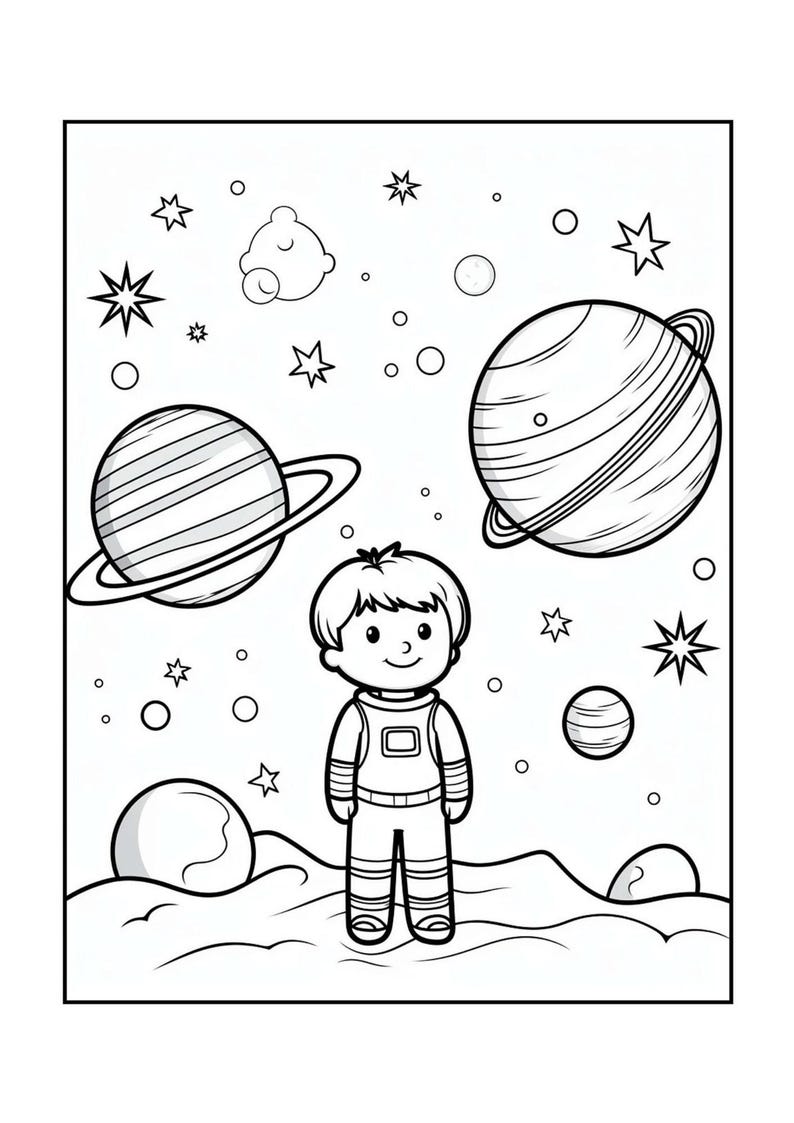 A black and white coloring page of a young boy in a spacesuit standing on a planetary surface surrounded by large ringed planets, smaller planets, and stars.