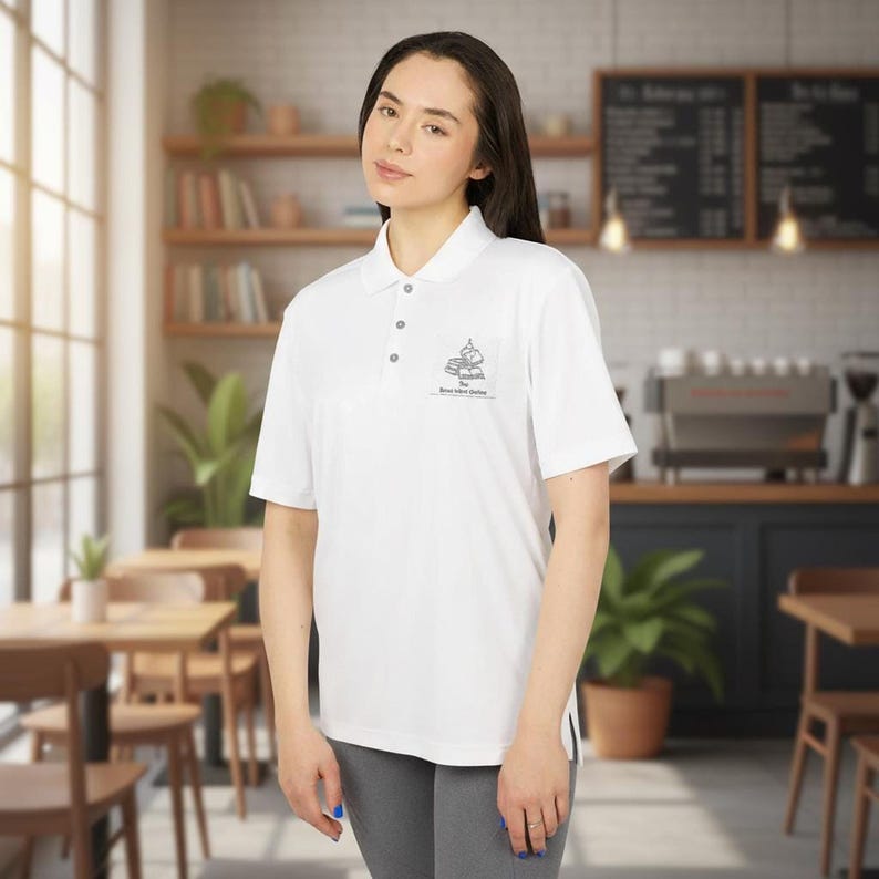 A woman stands indoors in a cafe wearing a white short-sleeve polo shirt with a small book stack graphic and text on the left chest.
