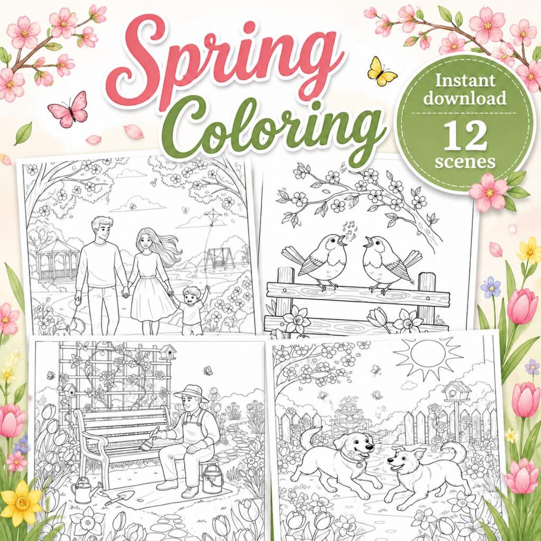 Spring Scenes To Color Spring Coloring Pages | Seasonal Colouring | 12 Nature Scenes - Etsy