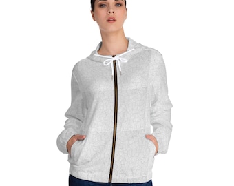 Hoodie With Pockets, White Marble Pattern | Full-Zip Women's Outerwear