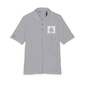 A grey short-sleeve polo shirt with a collar, three buttons, and a small book graphic on the left chest.