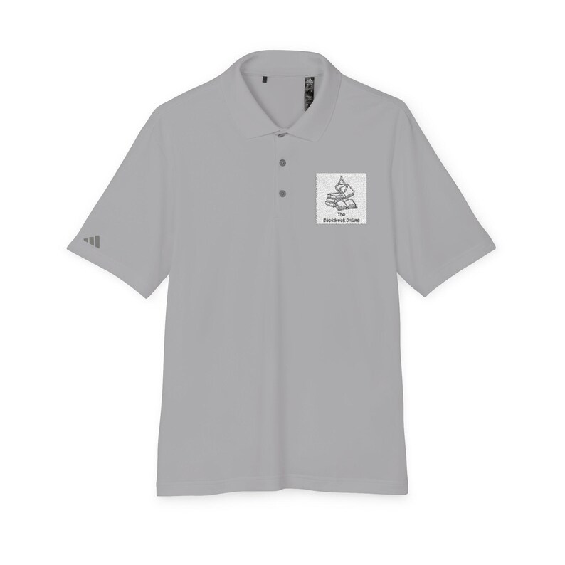 A grey short-sleeve polo shirt with a collar, three buttons, and a small book graphic on the left chest.