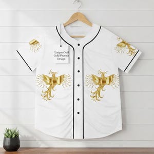 Maglia da baseball Gold Phoenix, camicia bianca con bottoni, streetwear unisex con uccello mitologico