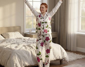 Zomerse pyjama met bloemen | Satijnen pyjama voor dames
