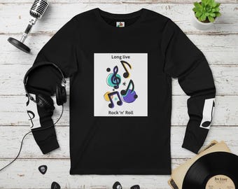 Rockmusik-T-Shirt, Unisex-Langarmshirt mit bunten Musiknoten