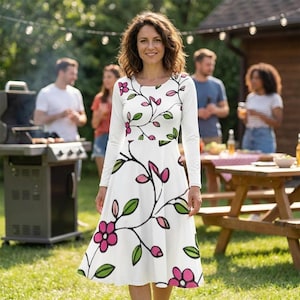 Zomerse dansjurk, wit met bloemen- en rankenprint | 100% polyester sportkleding