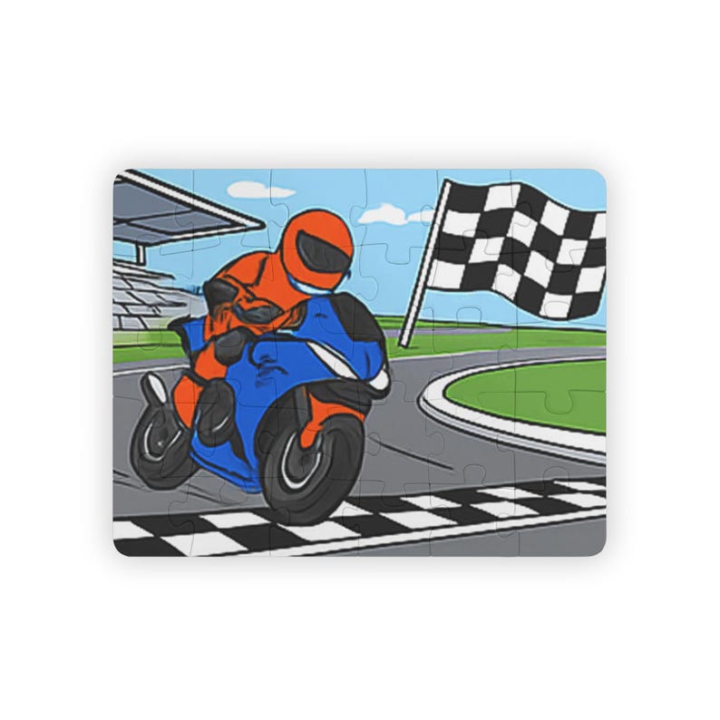 A completed jigsaw puzzle featuring an illustration of a person in an orange suit riding a blue motorbike on a racetrack with a checkered flag.