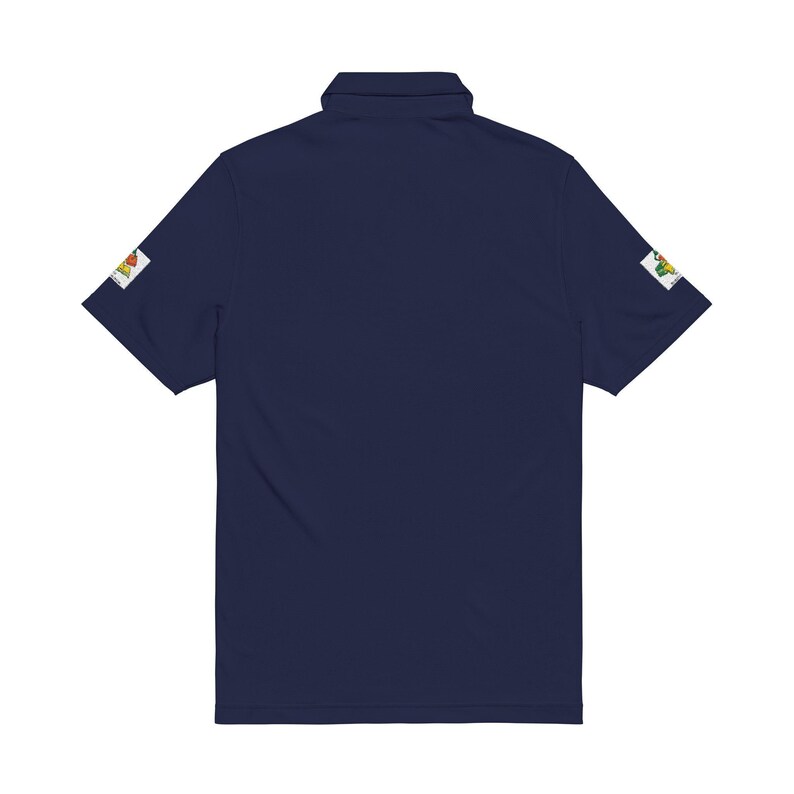 The back of a navy blue polo shirt displaying a plain solid back and embroidered patches on the sleeves against a white background.