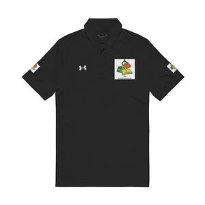 A black short-sleeve polo shirt featuring a chest logo of stacked books, an Under Armour logo, and square patches on each sleeve.