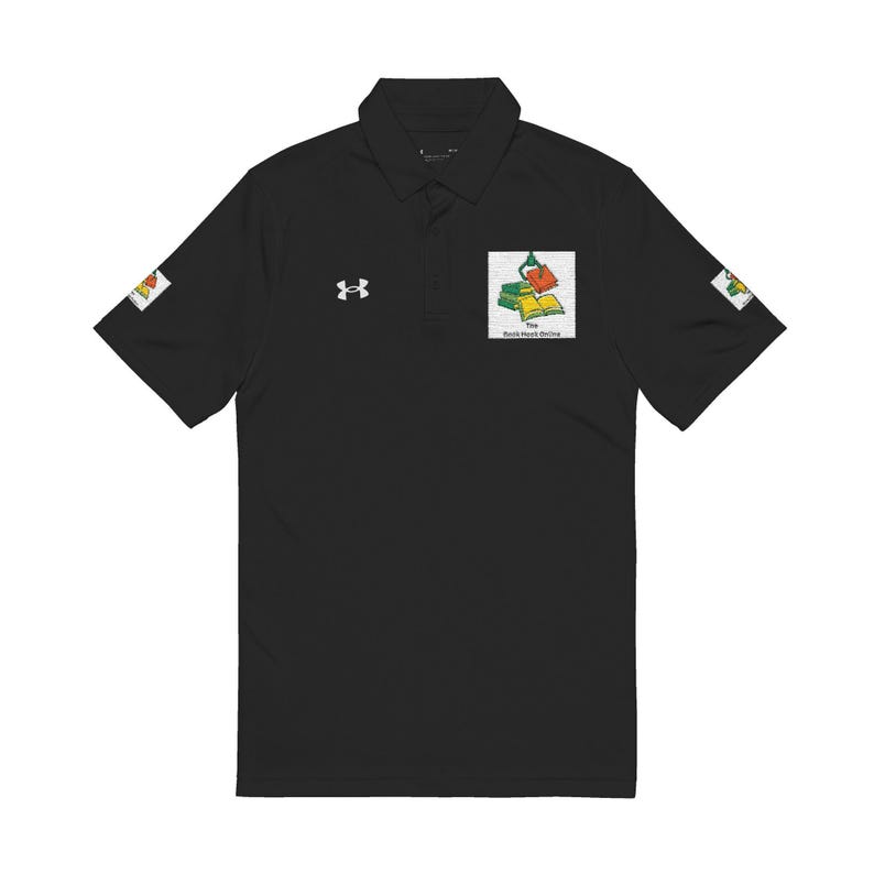 A black short-sleeve polo shirt featuring a chest logo of stacked books, an Under Armour logo, and square patches on each sleeve.