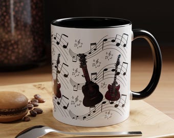 Musical Coffee Mug, White Ceramic with Guitars and Music Notes