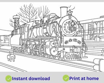 Libro para colorear de locomotoras, 60 bocetos de trenes de vapor / Descarga instantánea en PDF