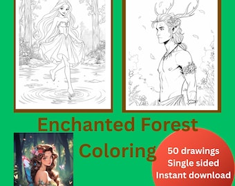 50 Enchanted Forest Coloring Pages | Instant Digital Download | Adult & Kids Colouring Book
