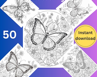 50 Printable Butterfly Colouring Pages | Instant Digital Download | Adult Coloring Book