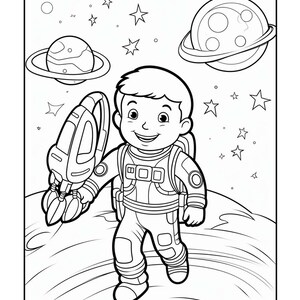 A black and white coloring page of a smiling astronaut holding a toy rocket while walking on a moon surface surrounded by planets and stars.