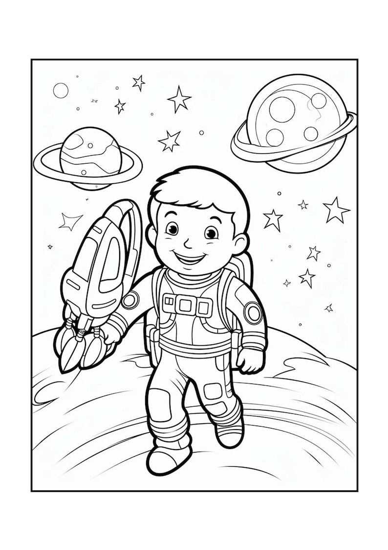 A black and white coloring page of a smiling astronaut holding a toy rocket while walking on a moon surface surrounded by planets and stars.