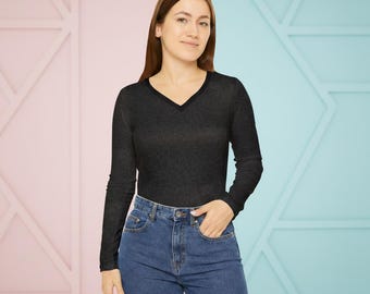 V-Neck Long Sleeve Shirt - Cracked Black Marble Patterned Women's Top