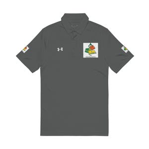 A dark gray short-sleeve polo shirt with the logo of stacked books on the chest, an Under Armour logo, and sleeve patches.