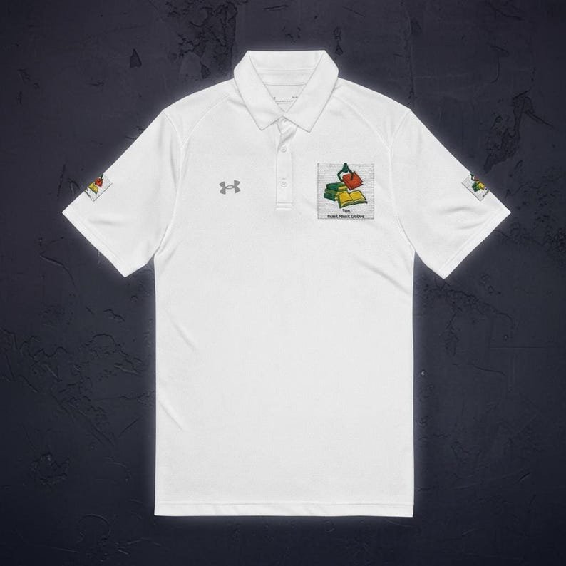 A white short-sleeve polo shirt featuring a logo with stacked books, an Under Armour logo on the right chest, and patches on both sleeves, laid flat on a dark textured surface.