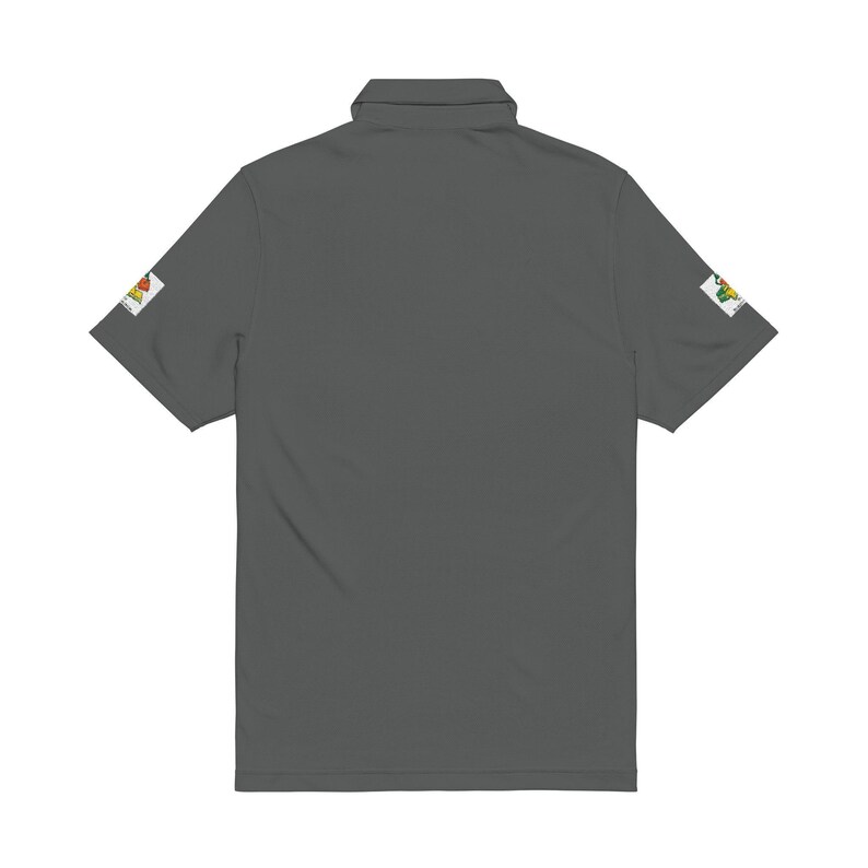 The back of a dark gray polo shirt showing a solid design and patches on the sleeve cuffs against a white background.