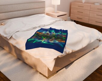 Northern Lights Landscape Velveteen Plush Blanket | Aurora Borealis Reflection