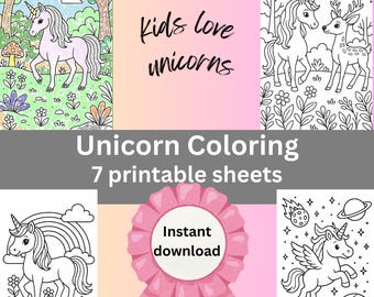 Unicorn Coloring Pages, Printable PDF With 7 Sketches for Kids