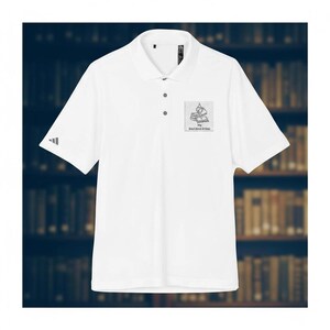 A white short-sleeve polo shirt with three grey buttons, a collar, and a small black and white book graphic on the left chest against a blurred bookshelf background.