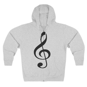A grey zip-up hooded sweatshirt with a black treble clef printed on the front.