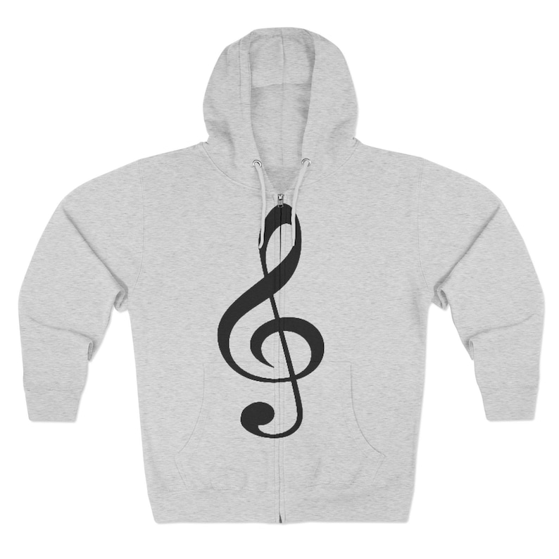 A grey zip-up hooded sweatshirt with a black treble clef printed on the front.