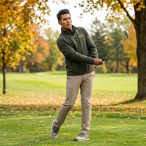 May include: An olive green long-sleeve zip-up jacket with a small yellow logo on the chest, paired with khaki trousers and grey athletic shoes. The jacket features a high collar and a full-length front zipper, worn while holding a golf club.