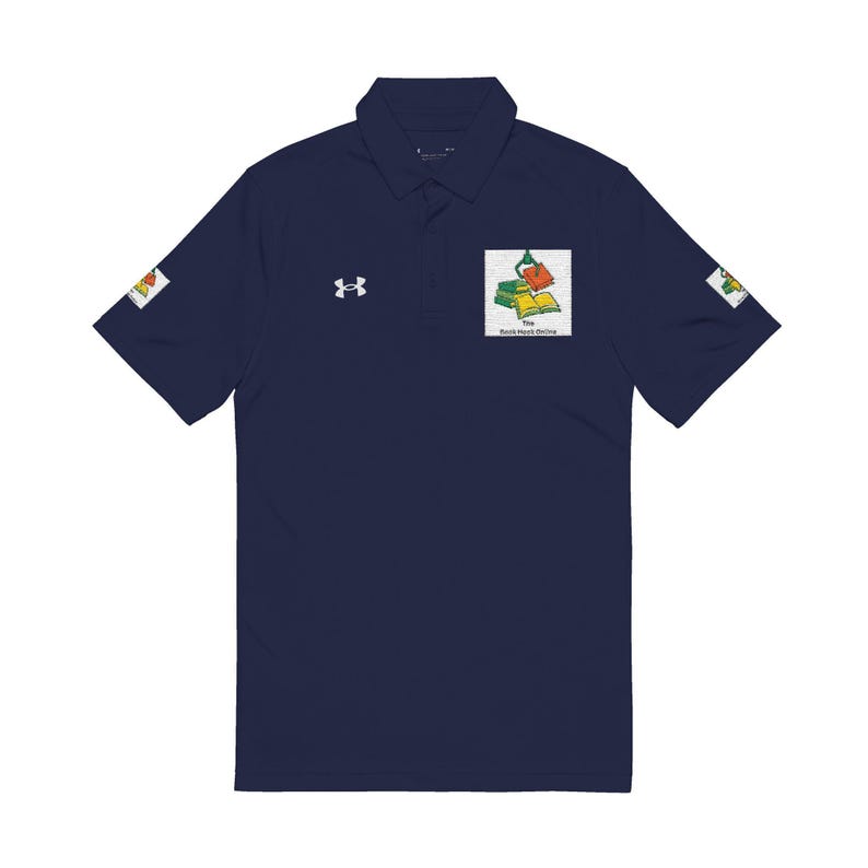 A navy blue short-sleeve polo shirt with an embroidered book logo on the chest, an Under Armour emblem, and sleeve patches.