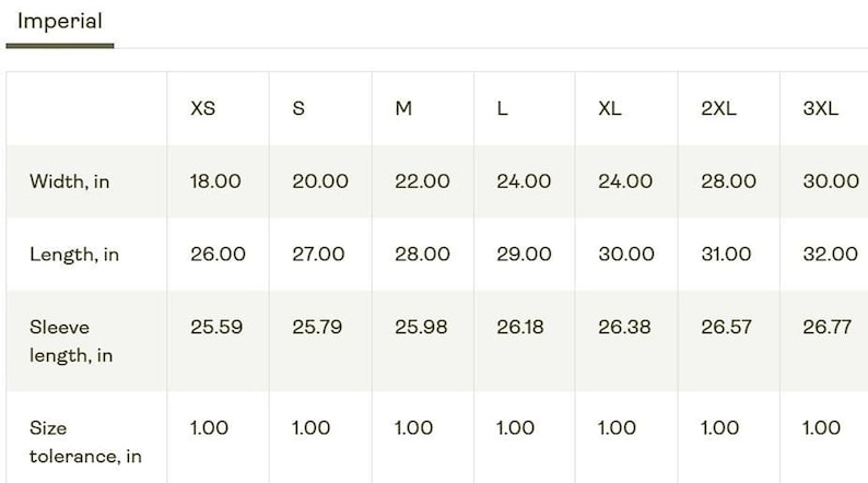 A size chart table with imperial measurements for width, length, and sleeve length across sizes XS to 3XL.
