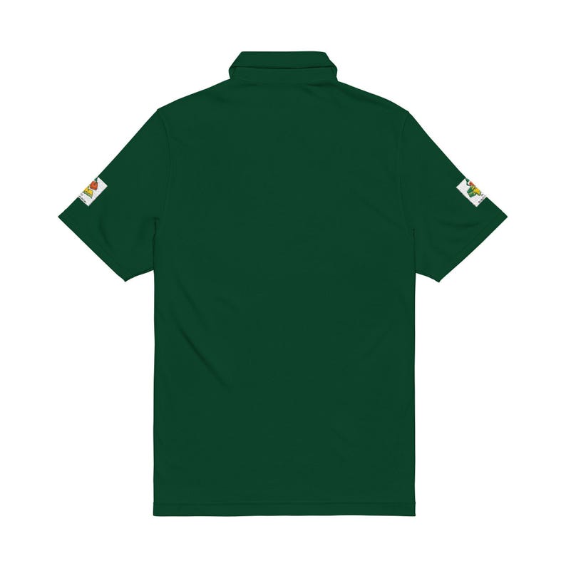 The back of a dark green polo shirt with a plain solid back and visible patches on both sleeves against a white background.
