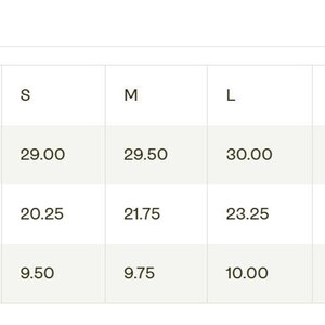 A sizing chart table for Imperial units with columns for sizes S through 2XL and rows for length, width, and sleeve length in inches.
