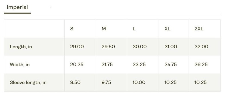 A sizing chart table for Imperial units with columns for sizes S through 2XL and rows for length, width, and sleeve length in inches.