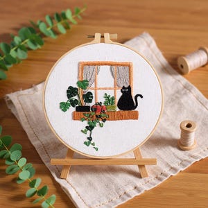 Beginner Embroidery Kit with Hoop | DIY Cute Cat & Houseplant Modern Embroidery Pattern | Easy Adult Needlework Craft Kit Project