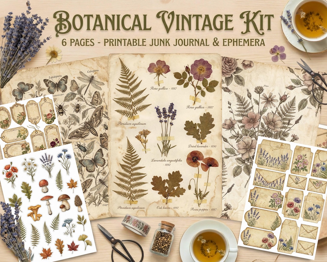 Vintage Botanical Junk Journal Kit | Wildflower Scrapbook Paper ...