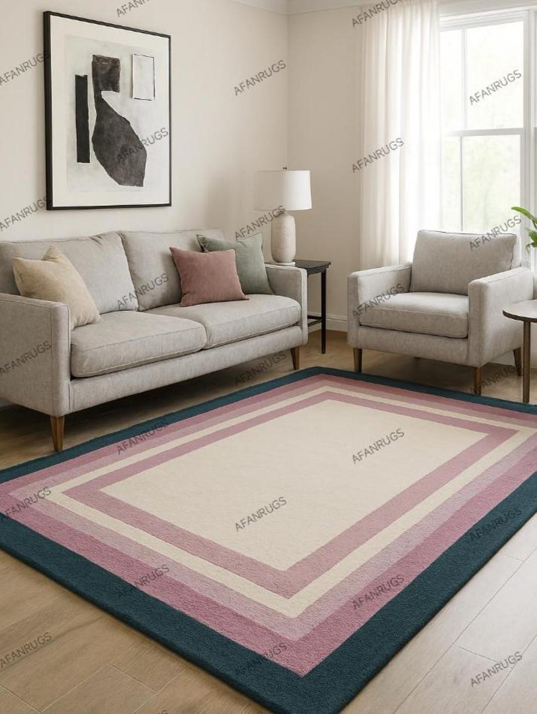 Border Area Rug Pink Modern Border Area Rug-5x7 Pink and Teal Colour Rectangular Wool Carpet ...