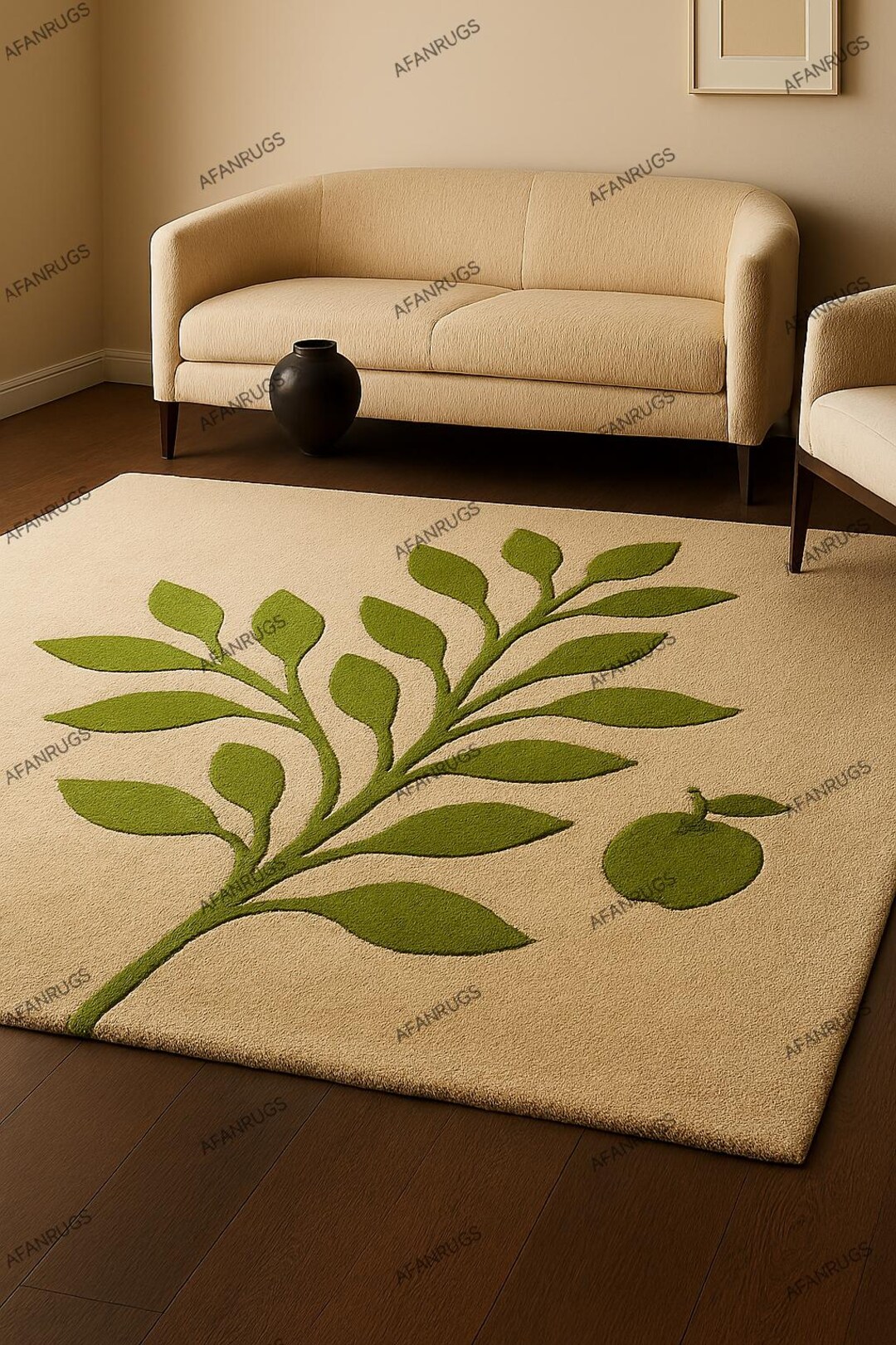 Modern Botanical Wool Rug – Beige and Green Leaf Carpet | Hand-tufted ...
