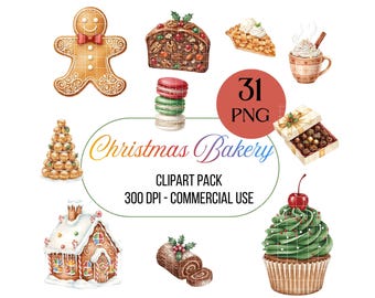 May include: Watercolor illustrations of Christmas bakery items, including a gingerbread man, fruitcake, macarons, pie, cupcake, and a gingerbread house. The image includes the text "Christmas Bakery" and "31 PNG".