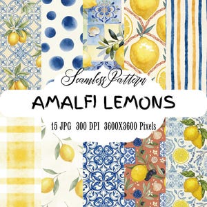 Puede incluir: Una colección de patrones sin costuras con temática de limones de Amalfi. Los patrones presentan limones, ramas de olivo y diseños azules y amarillos. El texto "Amalfi Lemons" se muestra en un óvalo blanco.