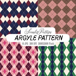 Puede incluir: Un gráfico digital que presenta cuatro patrones de rombos distintos en azul marino y burdeos, marrón y beige, rosa y rojo oscuro, y verde y azul marino. La etiqueta blanca central muestra el texto Seamless Pattern ARGYLE PATTERN 16 JPG 300 DPI 3600X3600 Pixels.