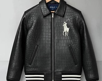 Men's Polo Ralph Lauren Black 100% Genuine Crocodile Leather Motorcycle  Bomber Jacket