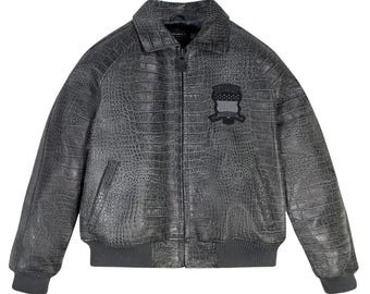 Nueva chaqueta Avirex gris Icon de edición limitada para hombre, de piel auténtica con efecto cocodrilo envejecido.